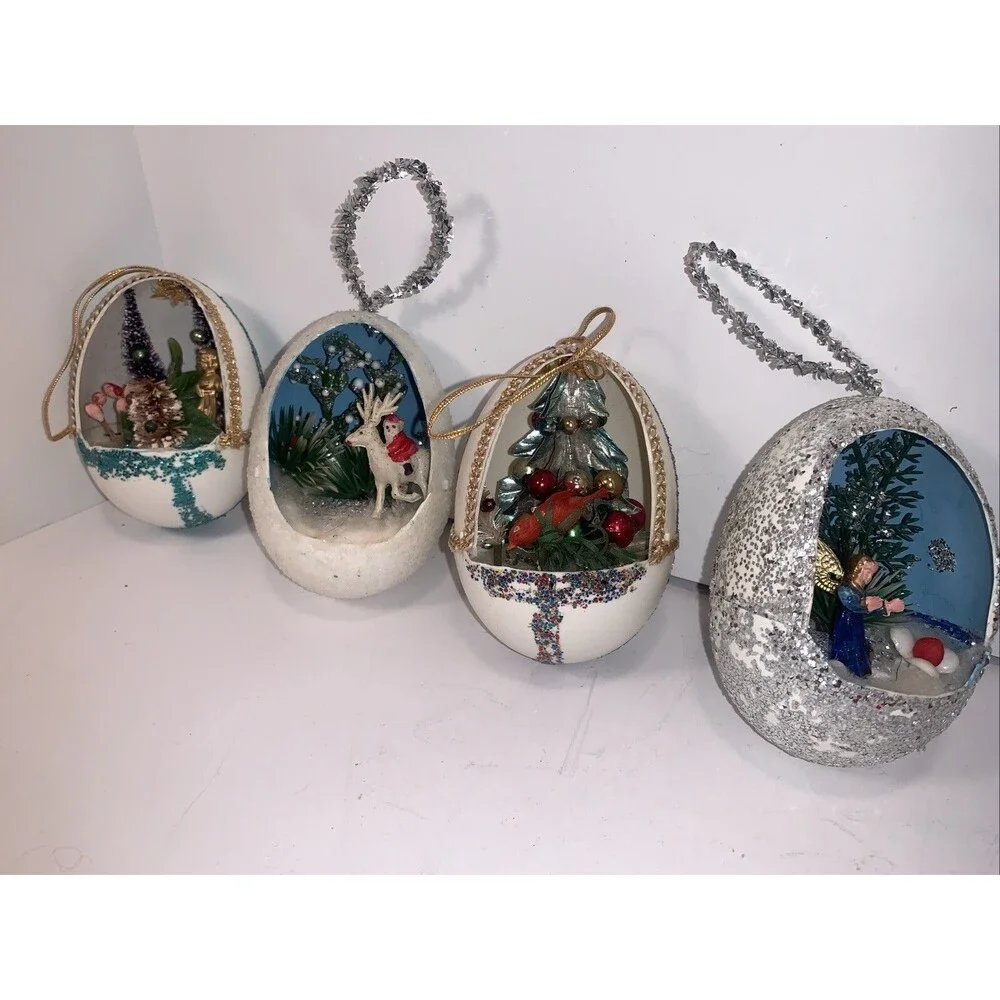 Vintage Egg Shape Diorama Christmas Ornaments Santa Angel Bottlebrush READ